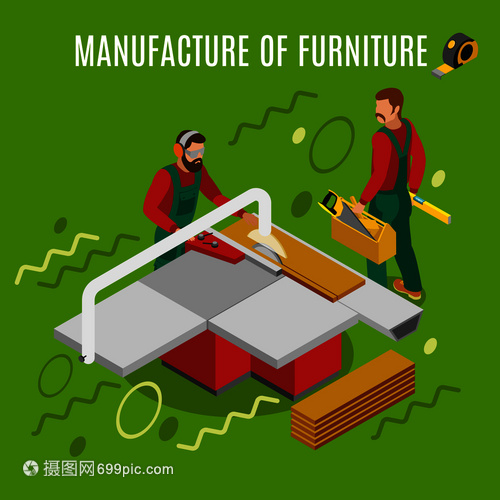 家具制造,机械设备等距成的绿色背景与元素矢量插图家具等距插图的制造
